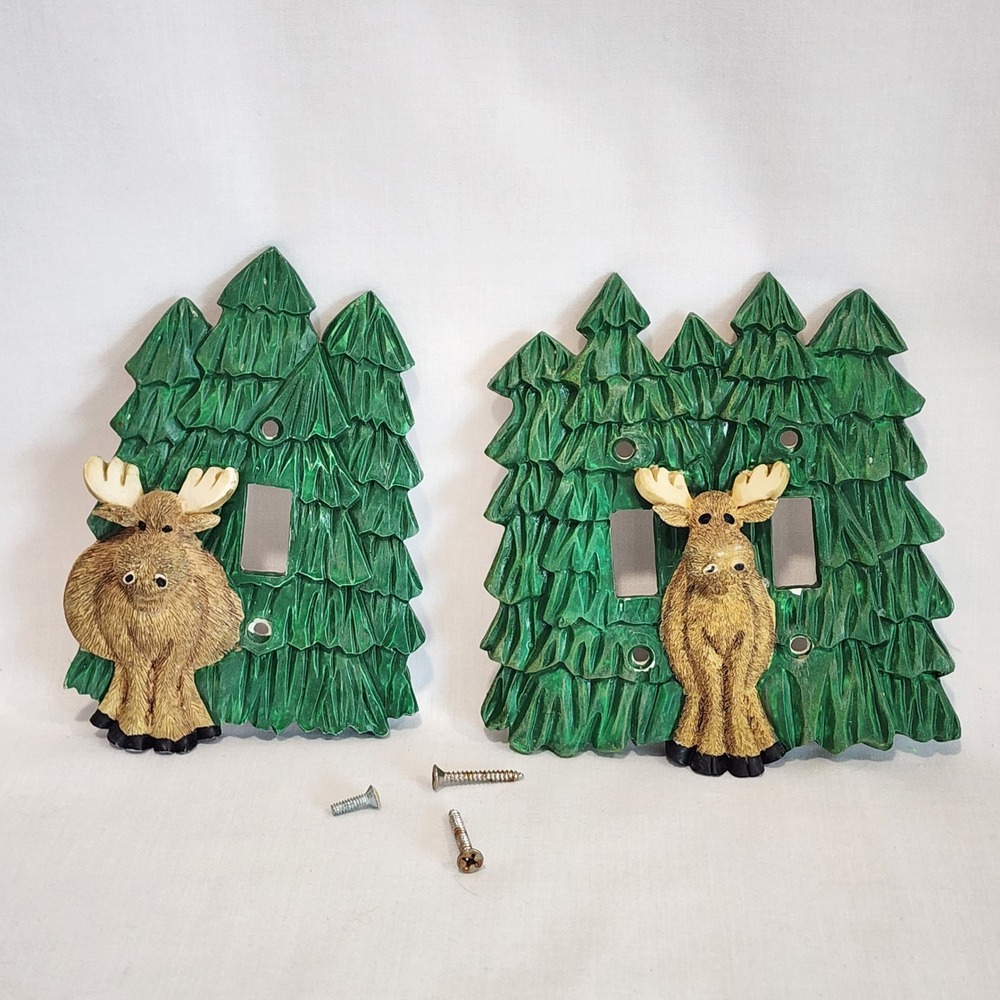 Rustic Moose Pine Tree Light Switch Cover Set Single & Double Toggle Resin Lodge